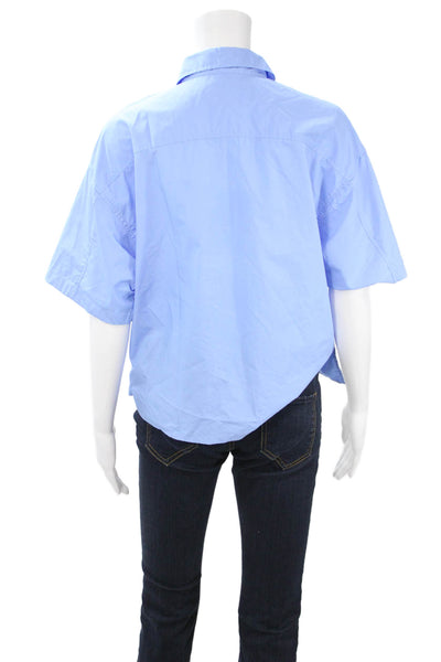 Zara Womens Light Blue Cotton Collared Short Sleeve Basic Button-Up Top Size S