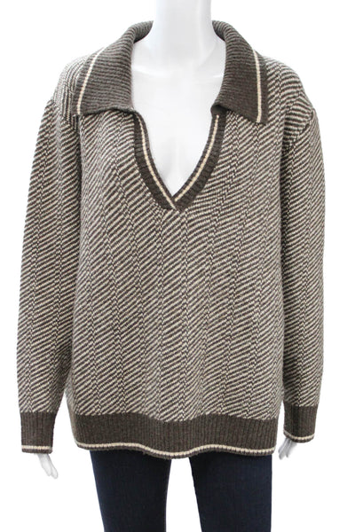Heartloom Womens Pullover Brown V-Neck Herringbone Long Sleeve Acrylic Size XL
