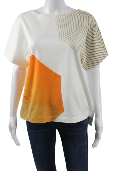 Akris Punto Women White Geometric Cotton Round Neck Short Sleeve T-Shirt Size 4