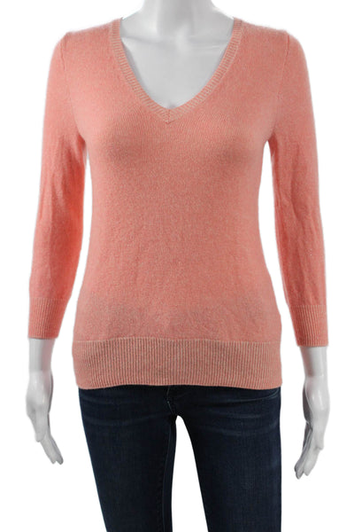 J Crew Women Cashmere V-Neck Pullover Sweater Pink 3/4 Sleeve Size S