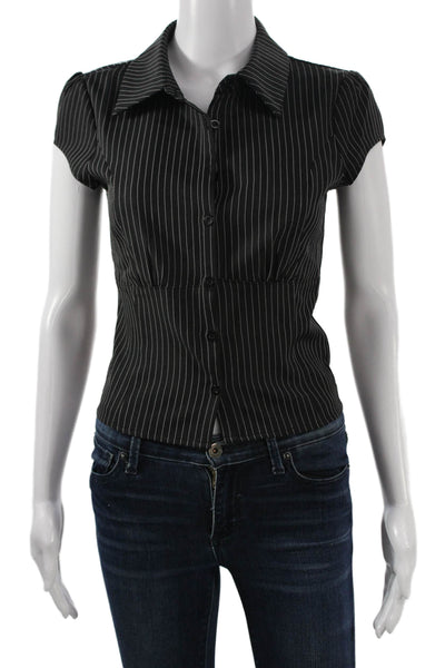 Edikted Women Striped Button Up Cotton Blouse Short Sleeve Black Size XS