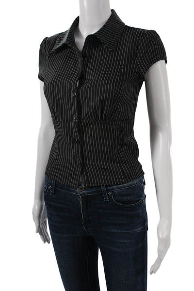 Edikted Women Striped Button Up Cotton Blouse Short Sleeve Black Size XS