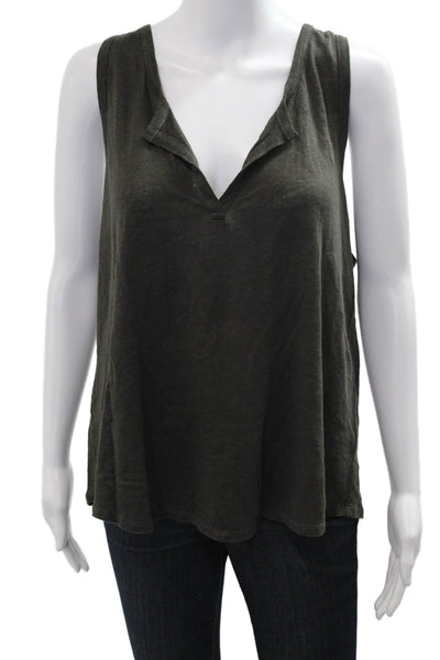 Vince Women Basic Linen V-Neck Sleeveless Tank Dark Gray Size L