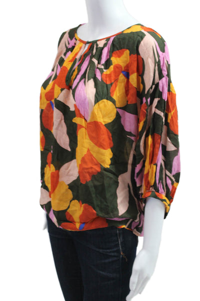Magaschoni Women Tunic Blouse Green Linen Floral 3/4 Sleeve Round Neck Size S