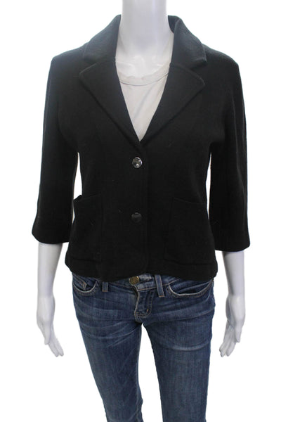 Minnie Rose Women Black Collared Cotton Acrylic Blazer 3/4 Sleeve Button Size M