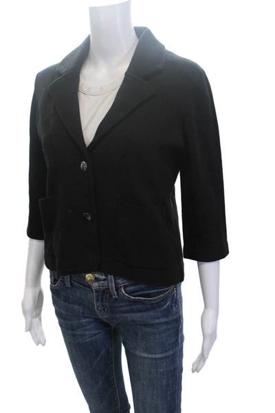 Minnie Rose Women Black Collared Cotton Acrylic Blazer 3/4 Sleeve Button Size M