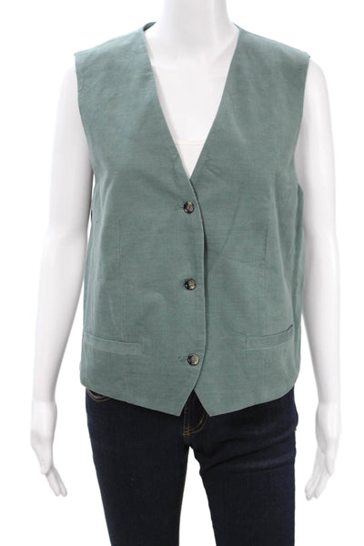 MNG Women Sleeveless V-Neck Cotton Button Solid Vest Green Size 2XL