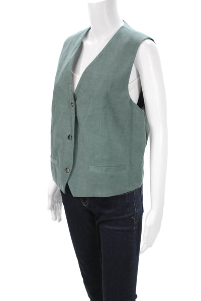 MNG Women Sleeveless V-Neck Cotton Button Solid Vest Green Size 2XL