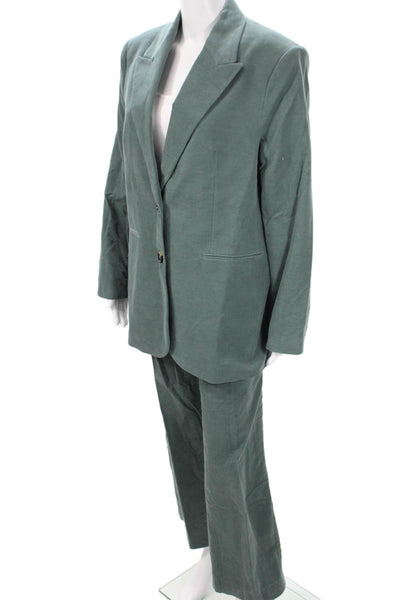 MNG Mens 2 Piece Green Cotton Collared Button Solid Suit Jacket Pants Size XL