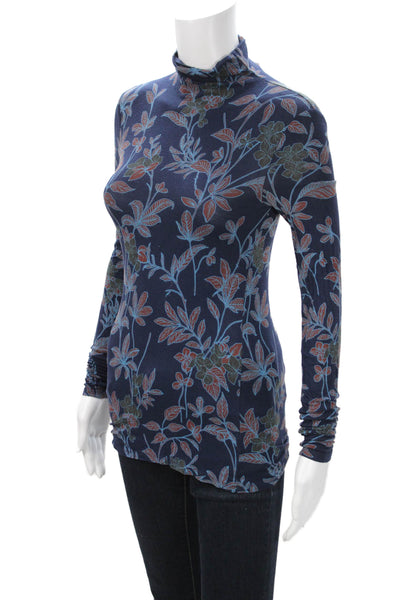 Babaton Women Mock Neck Floral Long Sleeve Top Dark Blue Size 2XS