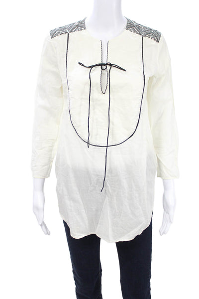 Theory Womens White Geometric Cotton Tunic Blouse Long Sleeve Bohemian Size PP