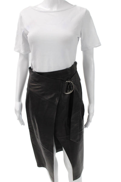 Pierre Balmain Womens Black Real Leather Pencil Wrap Knee Length Skirt Size 36