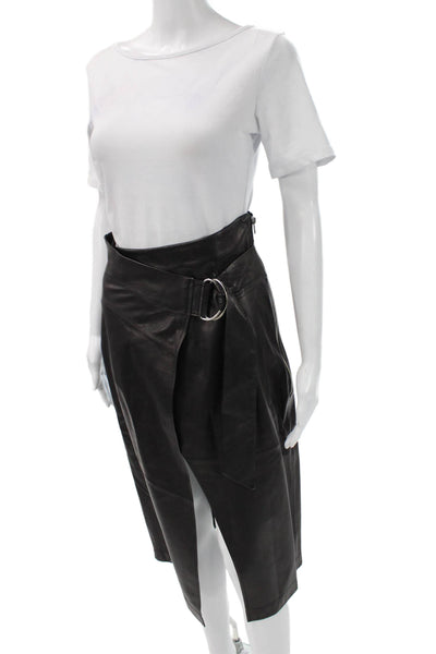Pierre Balmain Womens Black Real Leather Pencil Wrap Knee Length Skirt Size 36