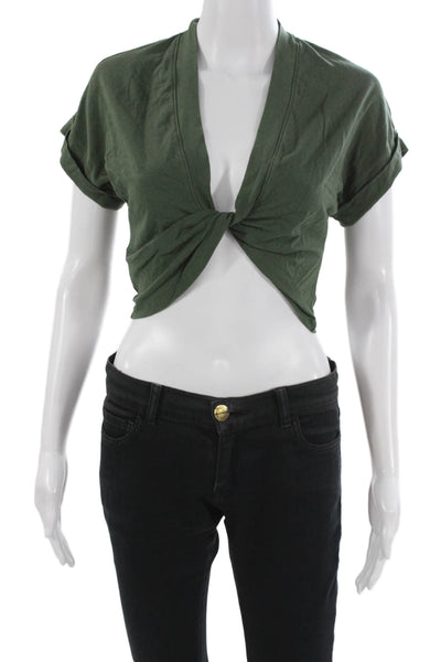 Pinko Women Cropped Short Sleeve Tie Front Army Green Top Size XS