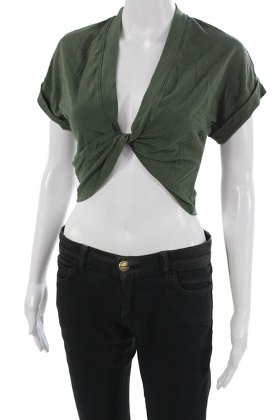 Pinko Women Cropped Short Sleeve Tie Front Army Green Top Size XS