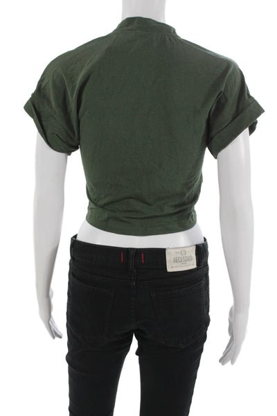 Pinko Women Cropped Short Sleeve Tie Front Army Green Top Size XS