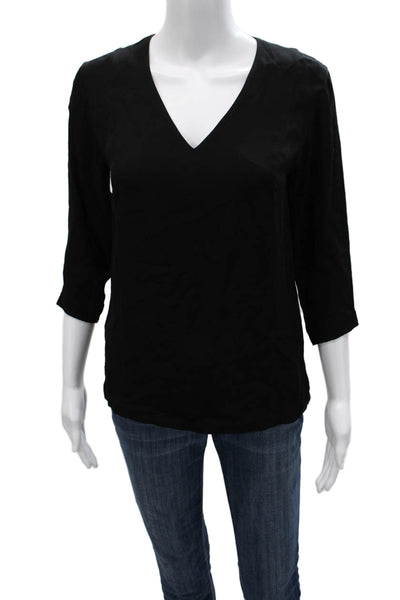 Theory Women Basic Silk V-Neck Blouse 3/4 Sleeve Black Size PP