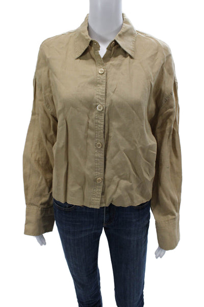 Zara Womens Collared Button-Up Shirt Beige Cotton Blend Long Sleeve Size L
