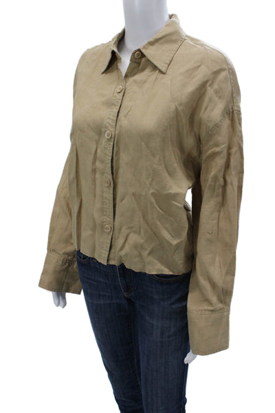 Zara Womens Collared Button-Up Shirt Beige Cotton Blend Long Sleeve Size L