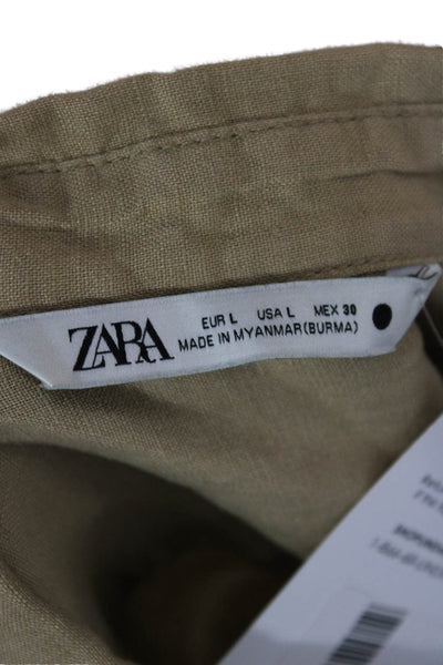 Zara Womens Collared Button-Up Shirt Beige Cotton Blend Long Sleeve Size L