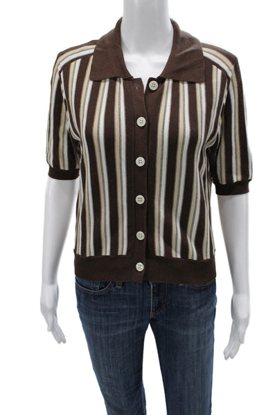Zara Women Striped Collared Short Sleeve Button-Up Brown Linen Top Size S