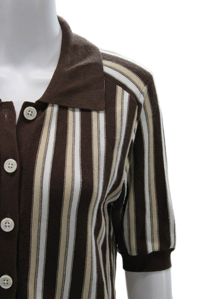 Zara Women Striped Collared Short Sleeve Button-Up Brown Linen Top Size S