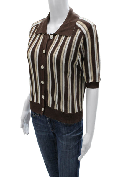 Zara Women Striped Collared Short Sleeve Button-Up Brown Linen Top Size S