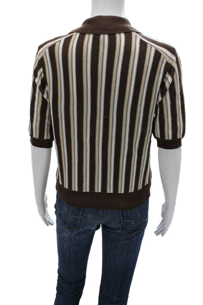 Zara Women Striped Collared Short Sleeve Button-Up Brown Linen Top Size S