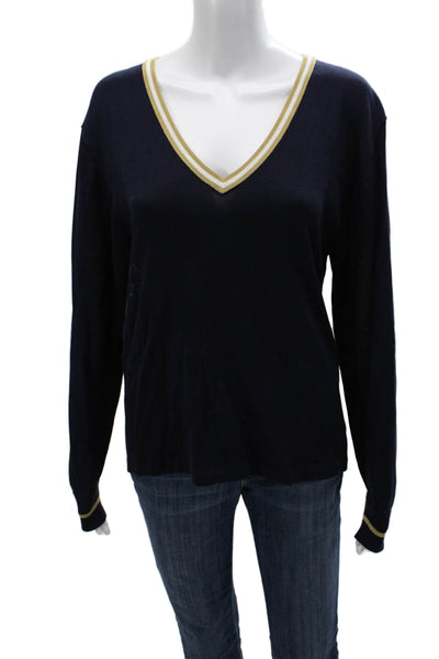 The Upside Women Dark Blue V Neck Graphic Pullover Sweater College Size 4