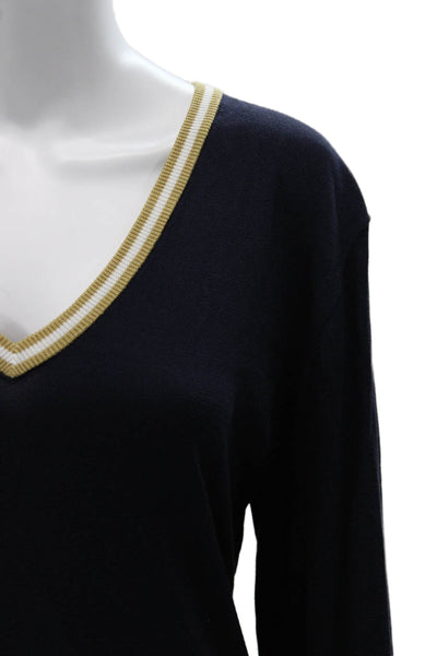 The Upside Women Dark Blue V Neck Graphic Pullover Sweater College Size 4