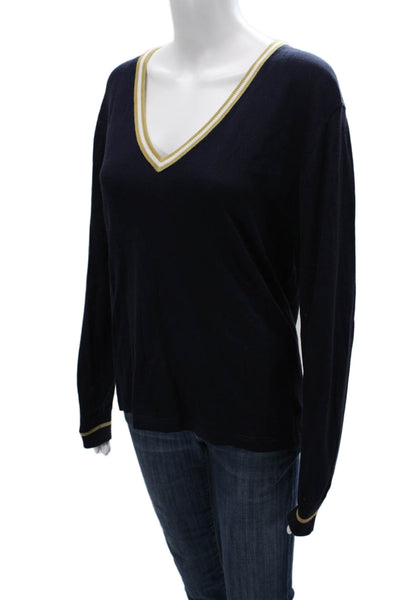 The Upside Women Dark Blue V Neck Graphic Pullover Sweater College Size 4