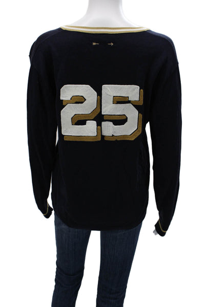 The Upside Women Dark Blue V Neck Graphic Pullover Sweater College Size 4