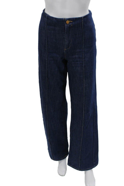 Zara Women Wide-Leg Jeans Dark Blue High Rise Button Cotton Size 2