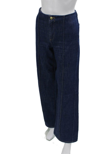 Zara Women Wide-Leg Jeans Dark Blue High Rise Button Cotton Size 2