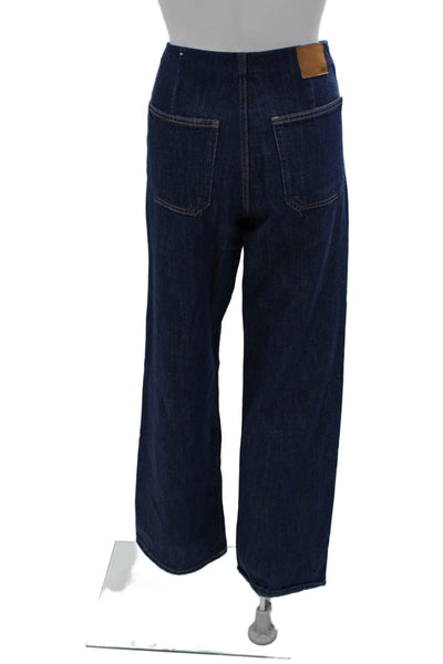 Zara Women Wide-Leg Jeans Dark Blue High Rise Button Cotton Size 2