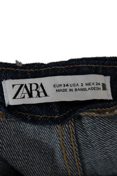 Zara Women Wide-Leg Jeans Dark Blue High Rise Button Cotton Size 2
