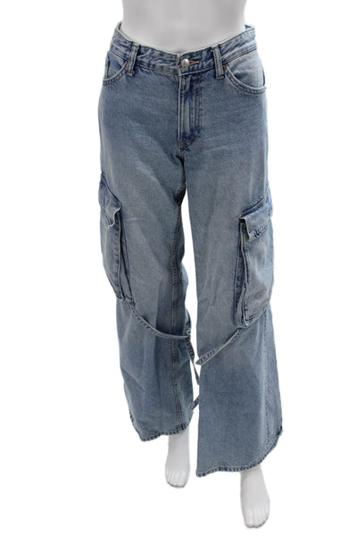 Zara Women Wide Leg Flared Jeans High Rise Blue Button Cotton Blend Size 4