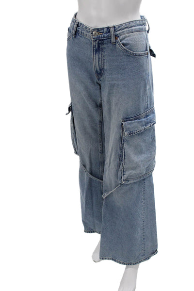 Zara Women Wide Leg Flared Jeans High Rise Blue Button Cotton Blend Size 4