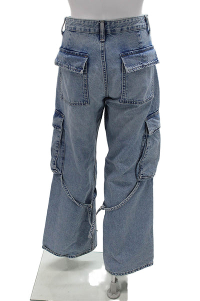 Zara Women Wide Leg Flared Jeans High Rise Blue Button Cotton Blend Size 4