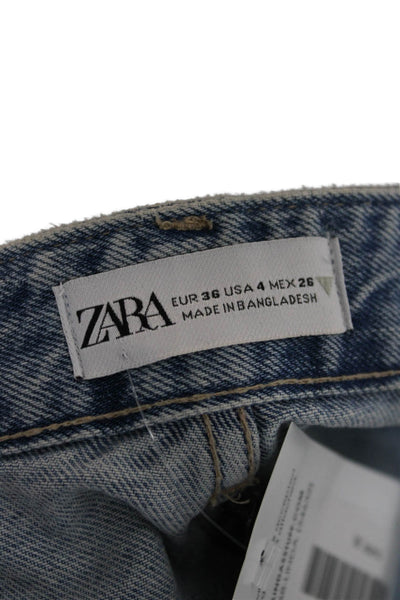Zara Women Wide Leg Flared Jeans High Rise Blue Button Cotton Blend Size 4