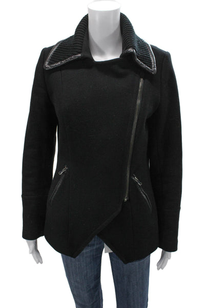 Trina Turk Womens Motorcycle Jacket Black Zip Collared Wool Long Sleeve Size 6