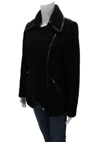Trina Turk Womens Motorcycle Jacket Black Zip Collared Wool Long Sleeve Size 6