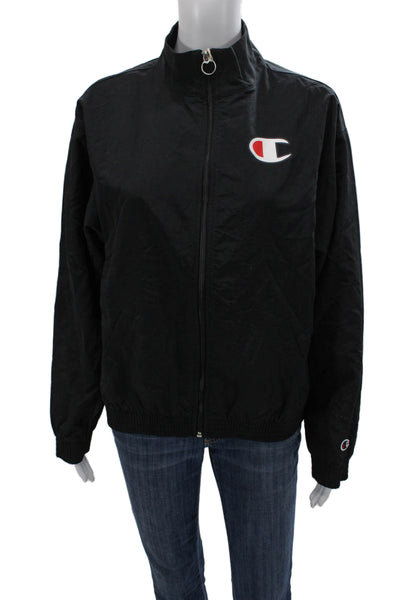 Champion Womens Windbreaker Jacket Black High Neck Zip Long Sleeve Size L