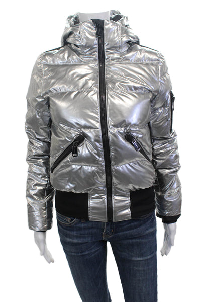 Goldbergh Womens Quilted Puffer Jacket Gray High Neck Zip Stars Size 4