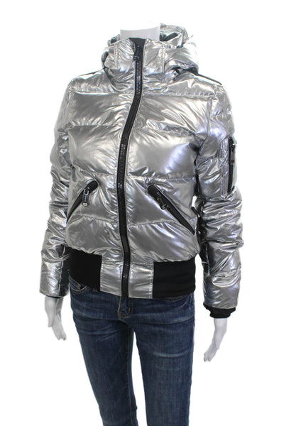 Goldbergh Womens Quilted Puffer Jacket Gray High Neck Zip Stars Size 4