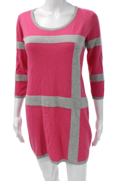 C&C California Women Pink Geometric Sweater Dress 3/4 Sleeve Round Neck Size XS