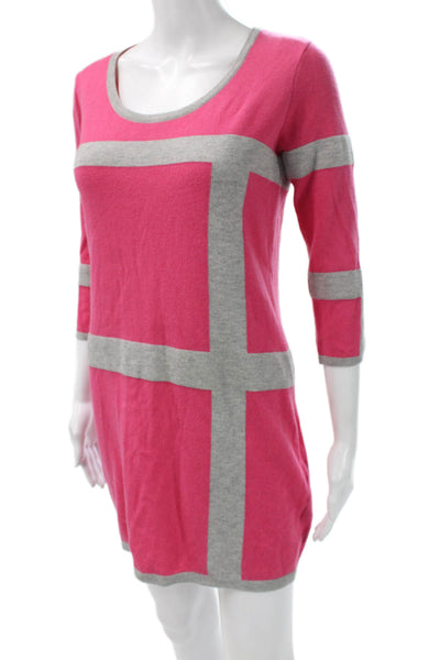 C&C California Women Pink Geometric Sweater Dress 3/4 Sleeve Round Neck Size XS