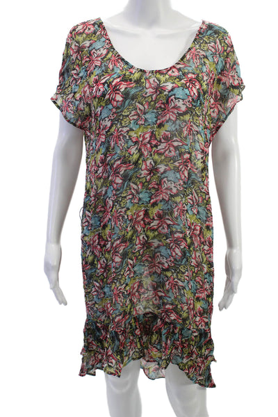 Joie Women Silk Floral Kaftan Shift Dress Green Short Sleeve Mini Size M