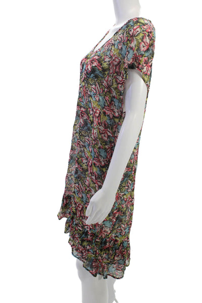 Joie Women Silk Floral Kaftan Shift Dress Green Short Sleeve Mini Size M