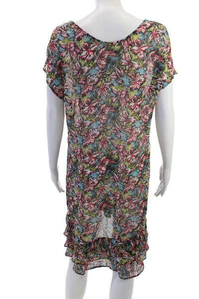 Joie Women Silk Floral Kaftan Shift Dress Green Short Sleeve Mini Size M